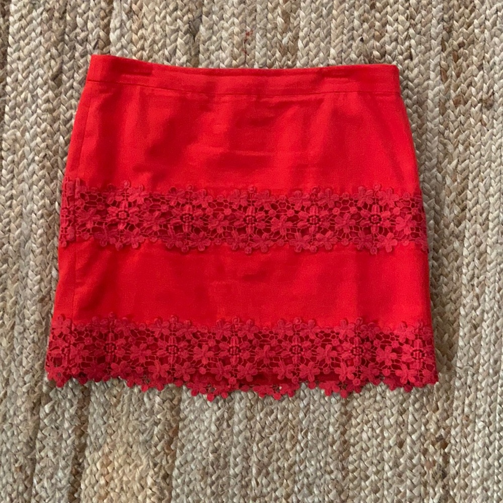 Red J.Crew Factory Skirt with Crocheted Detail.